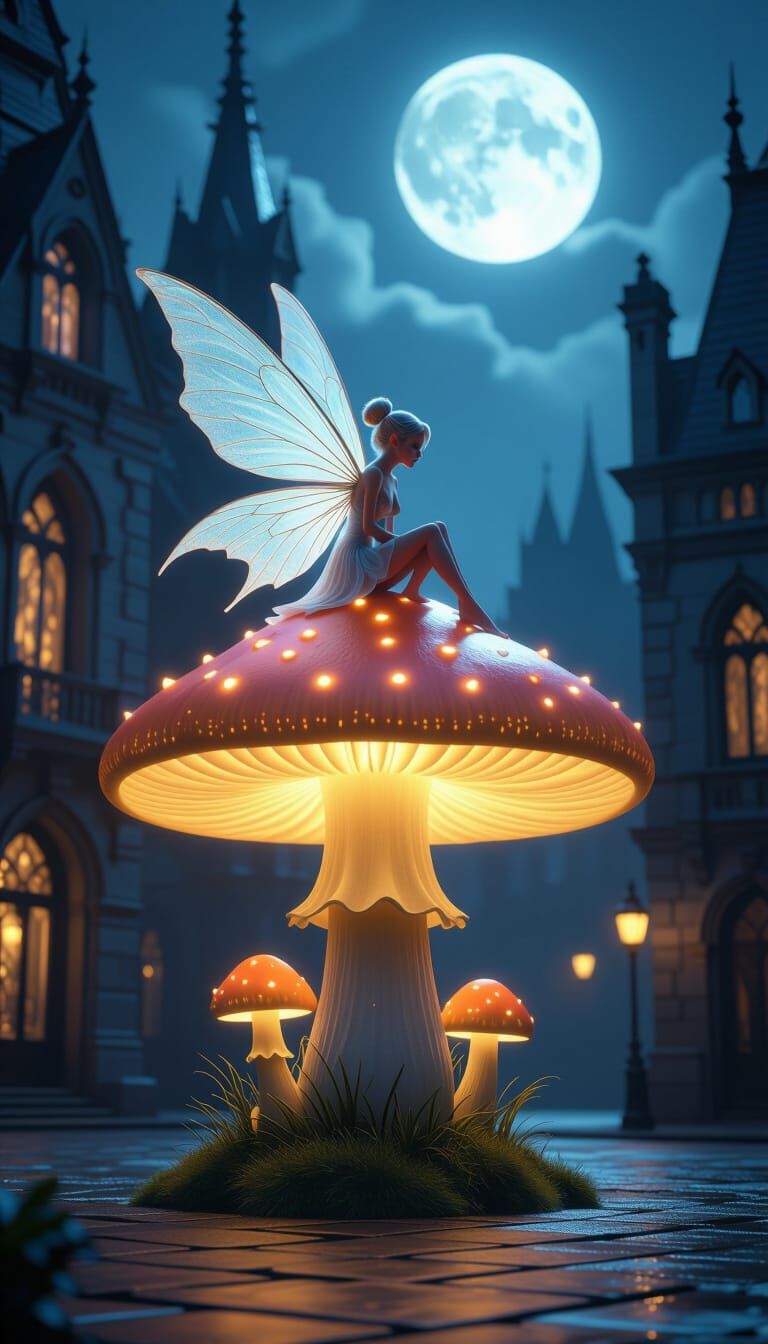 Ethereal Fairy on Bioluminescent Mushroom in Gothic City Squ...