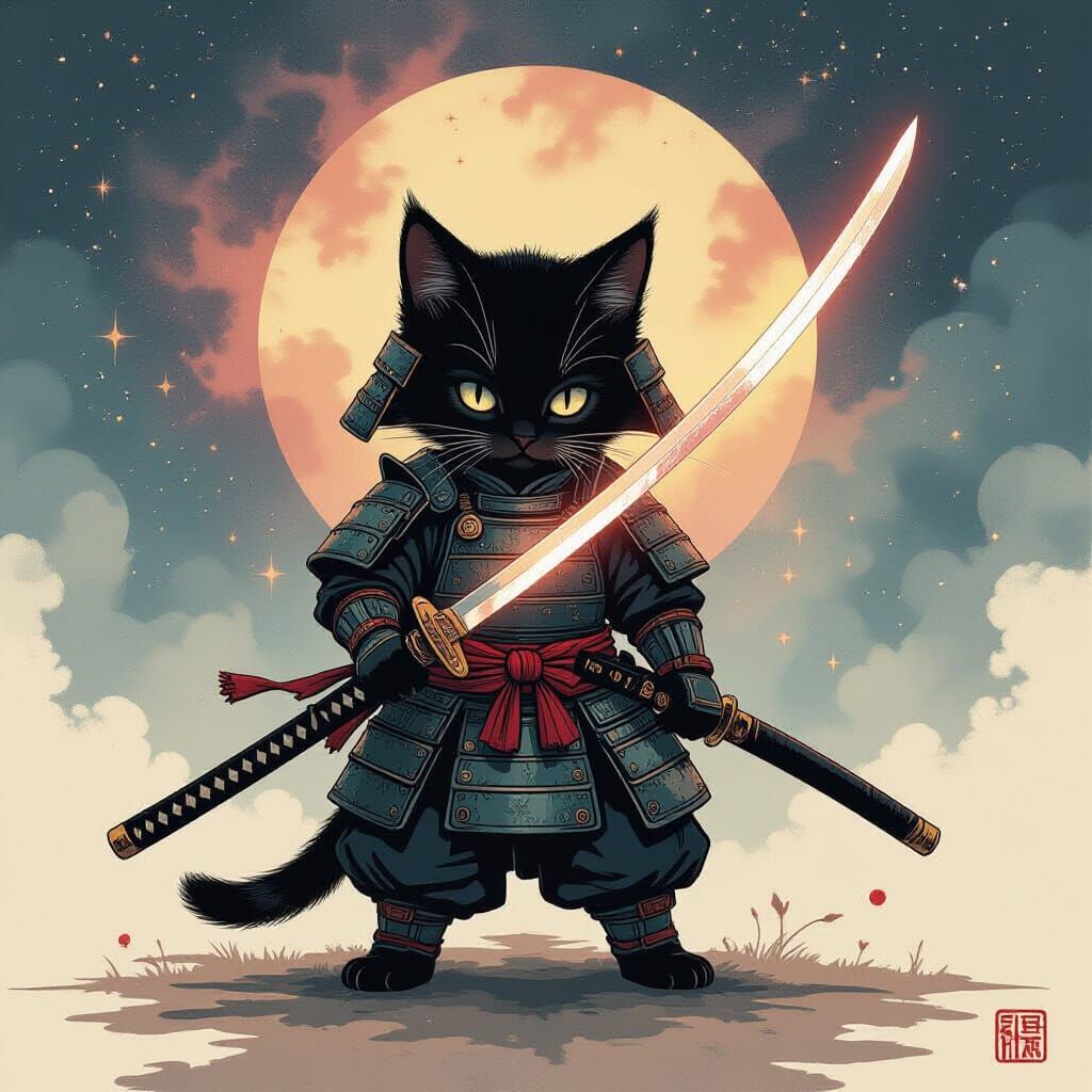 Samurai Kitten in Cosmic Nebula