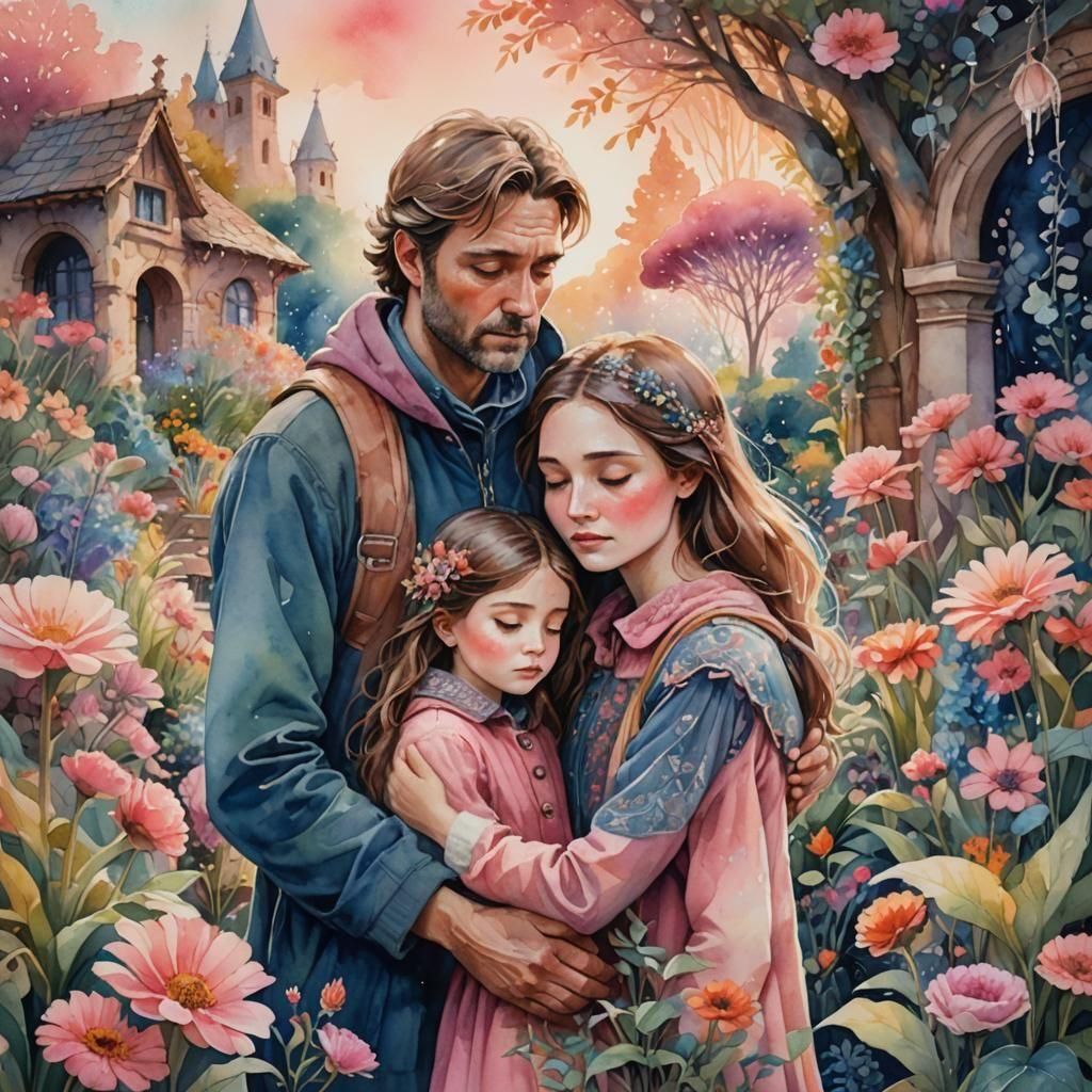 Family Support in Sorrow: Soft Watercolor Painting