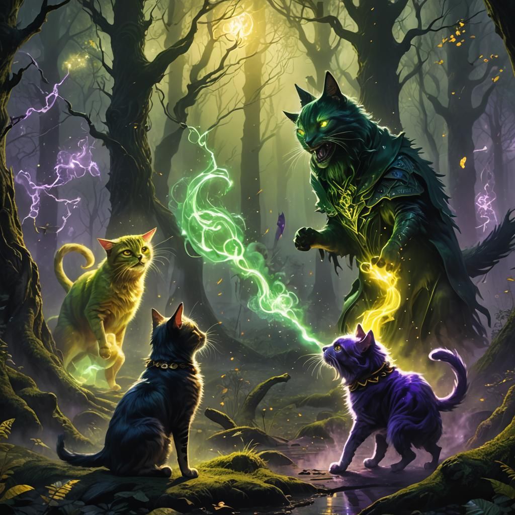 Cat and Dog Magicians Duel in Dark Fantasy Forest
