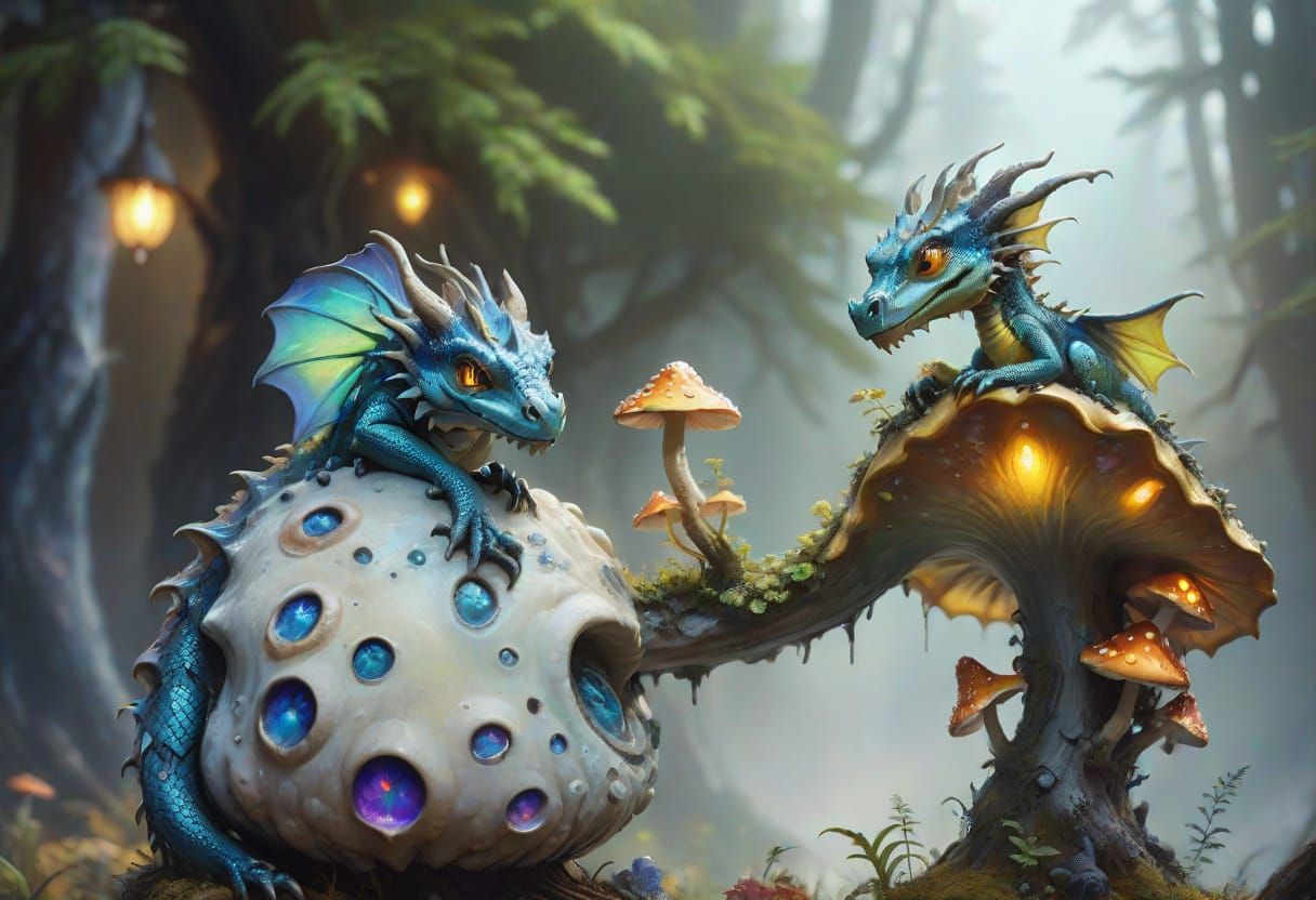 Surreal Dragon Hatchling on Mushroom, Vibrant Oil Painting