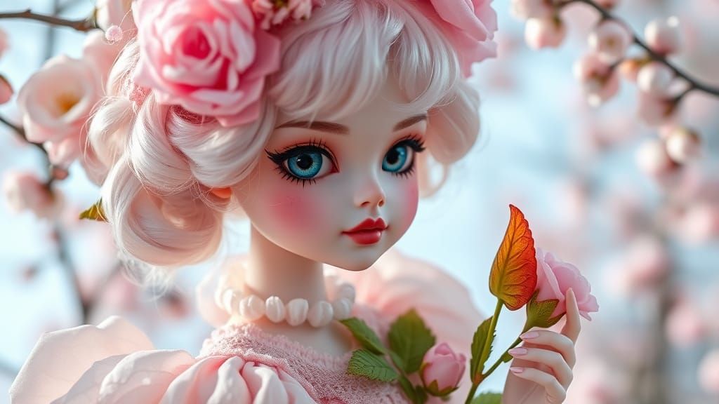 Victorian Pinup Doll in Chibi Kawaii Style with Pastel Color...