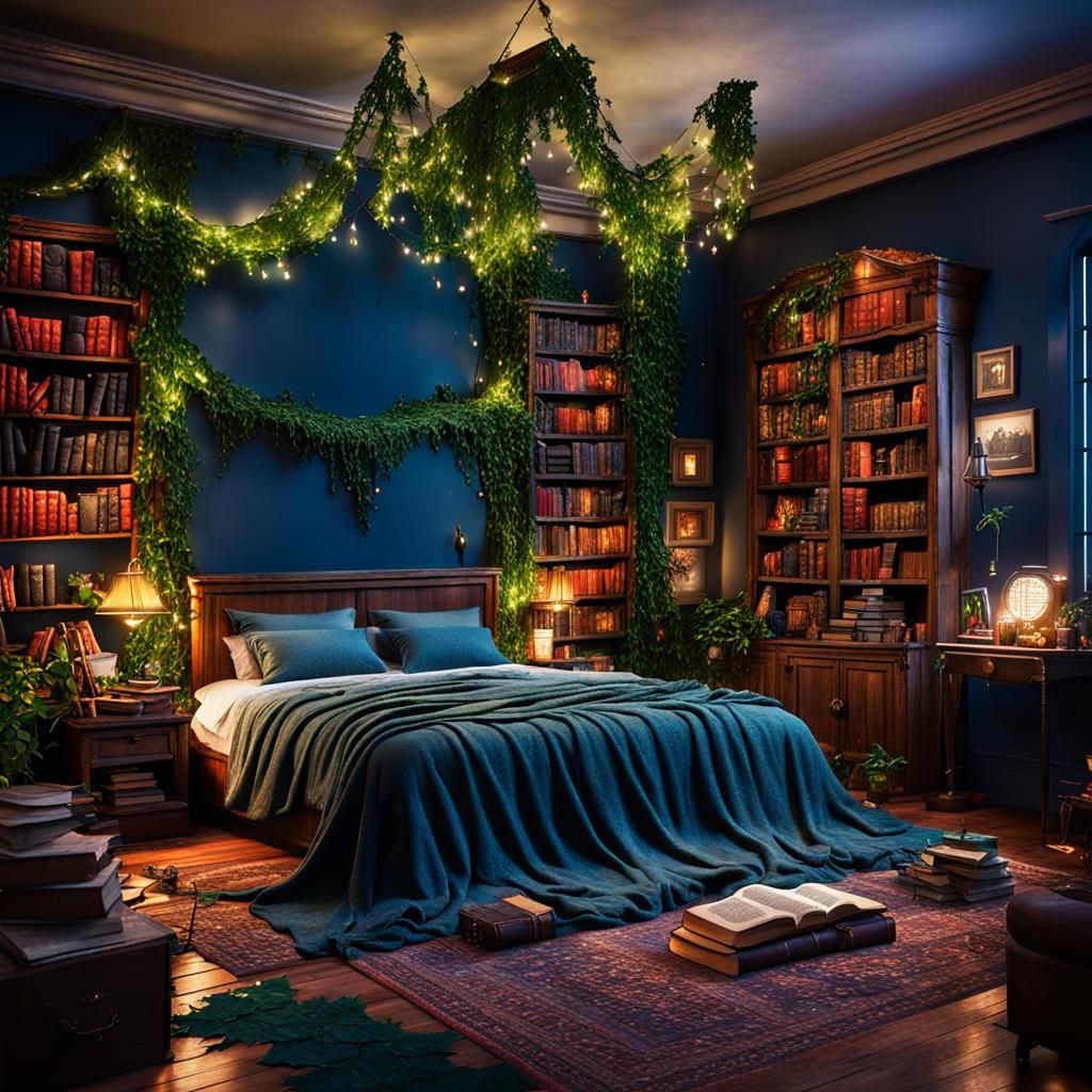 Book Lover's Bedroom with Grimoire, Fantasy Art