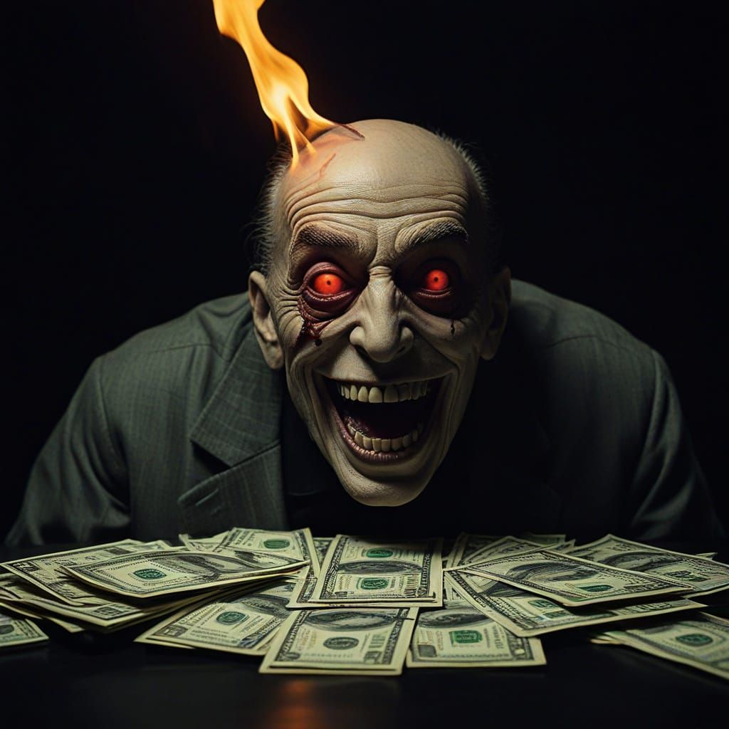 Surreal Dollar Bill Monster Devours Human in Dark, Gradient ...