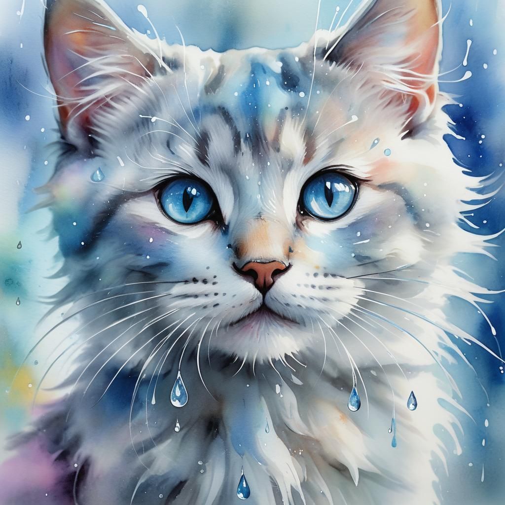 Whimsical Watercolor Kitty Holds a Raindrop