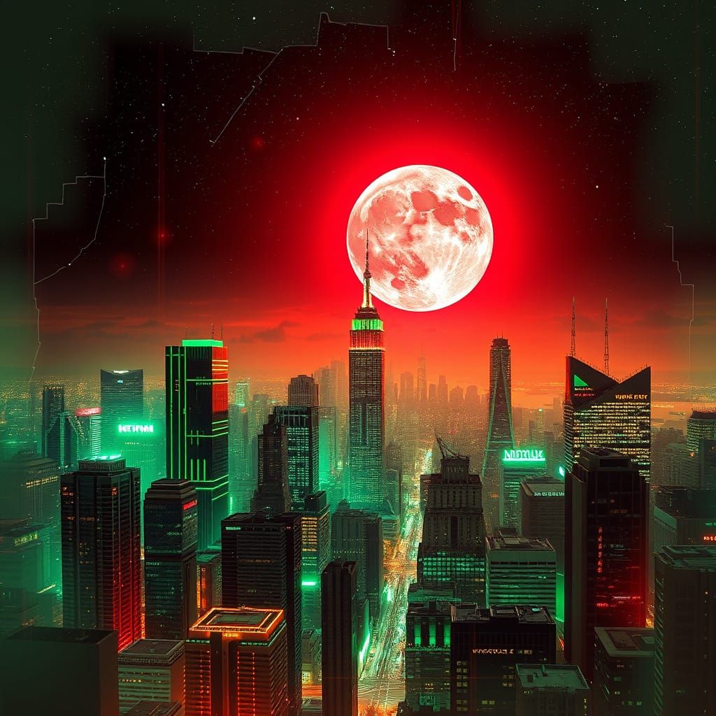 Neon Green Mega City Skyline in TRON and MATRIX Style