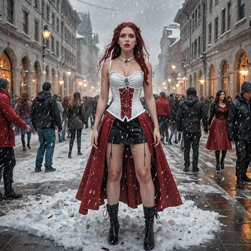 Wiccan Conjuring Ice Storm in Crowded Plaza