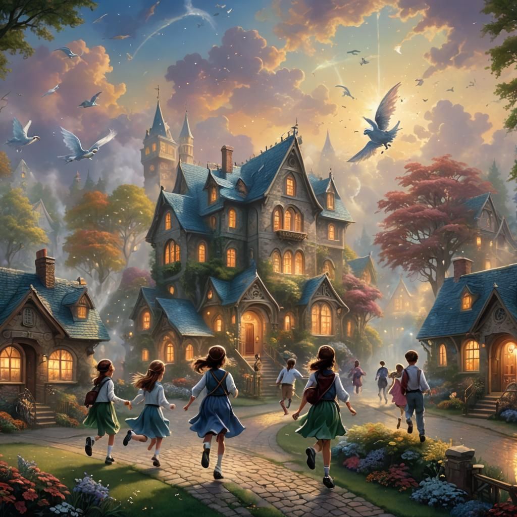 Children Run to Magical School in Ethereal Fantasy