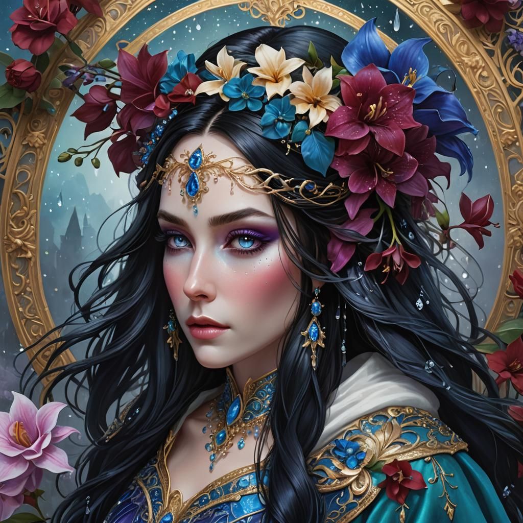 Elven Woman with Roses and Sapphire Eyes