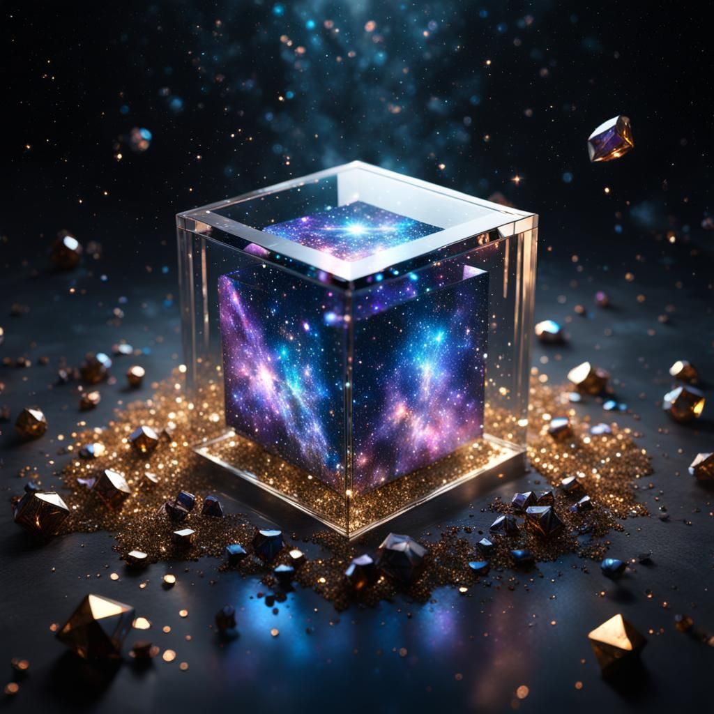 Crystal Cube Containing a Sparkling Galaxy Spacescape