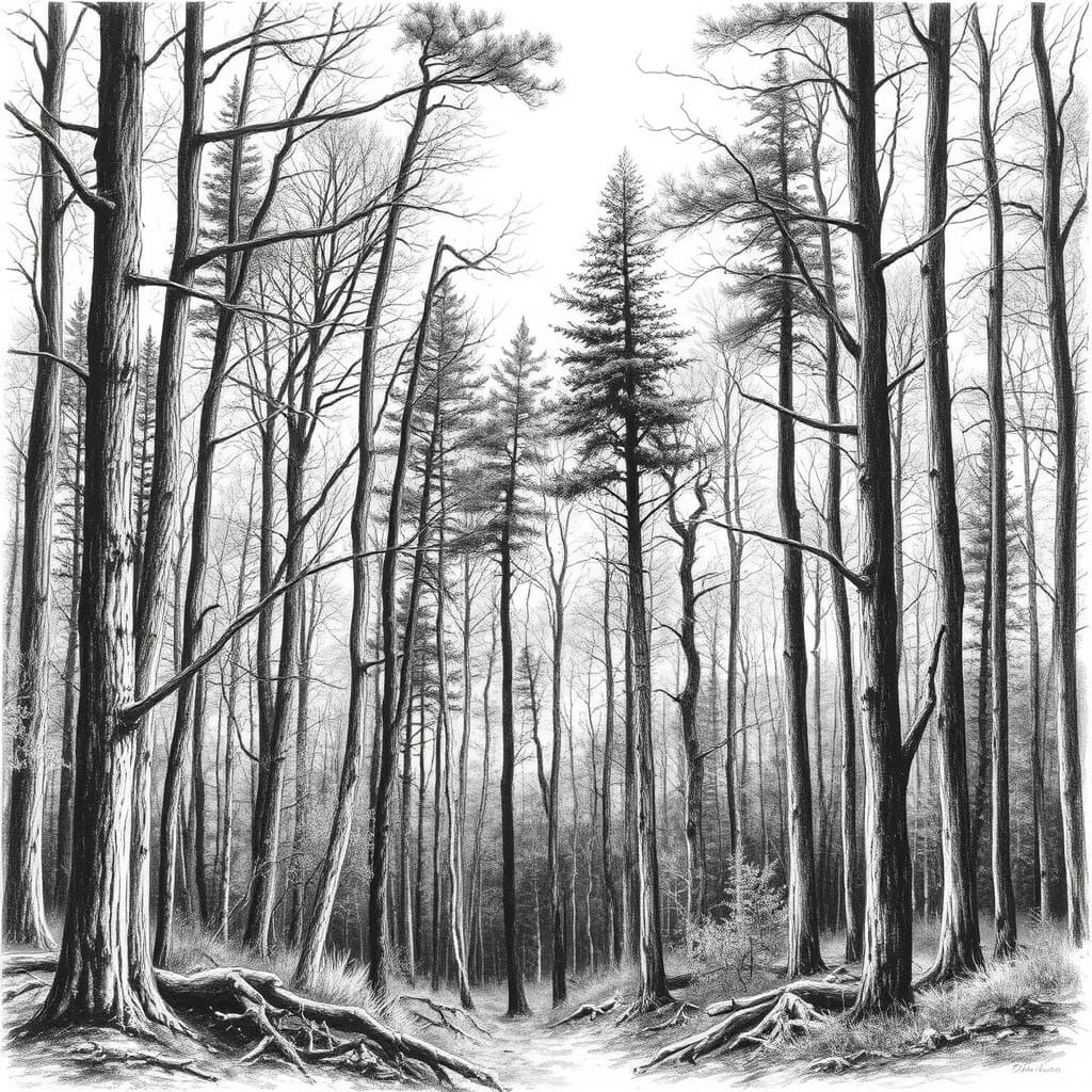 A Moody New Hampshire Forest in Ink and Charcoal