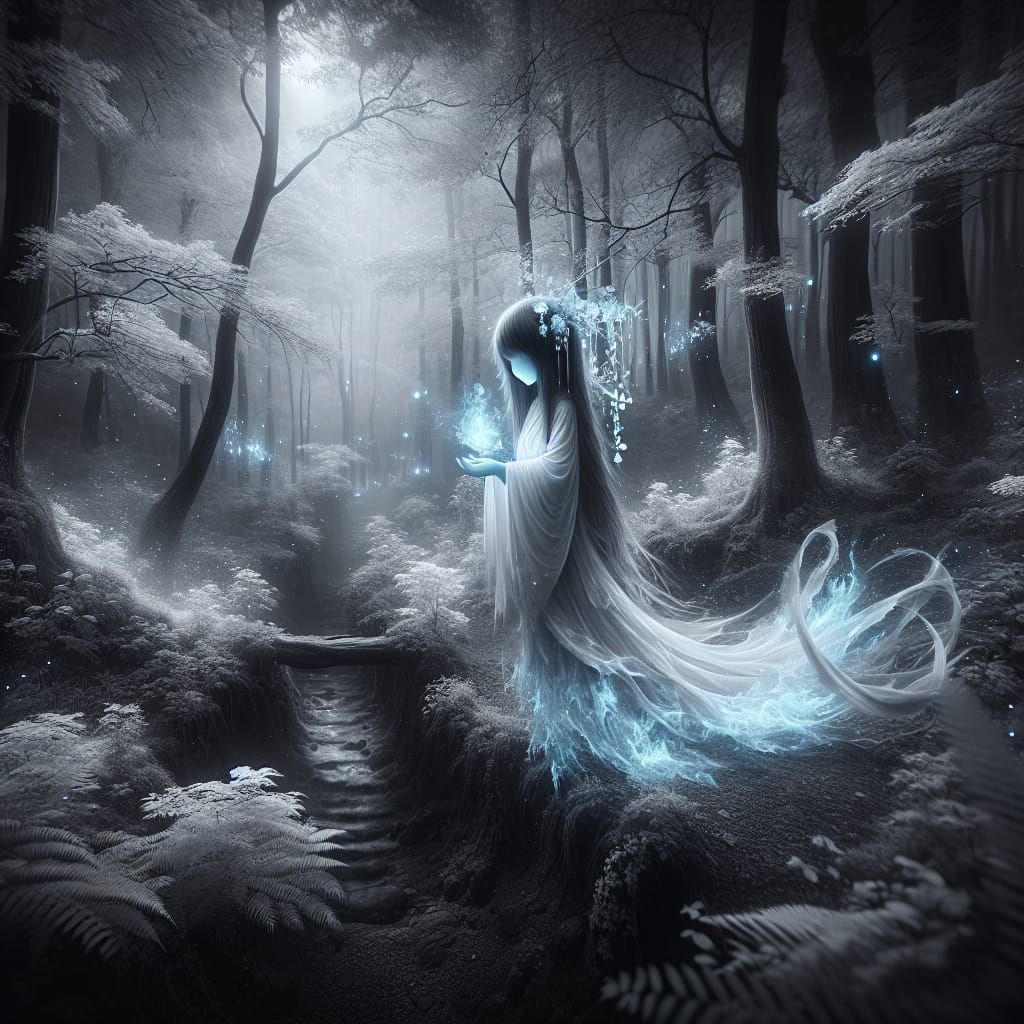 Blue Ghost Girl in Black and White World