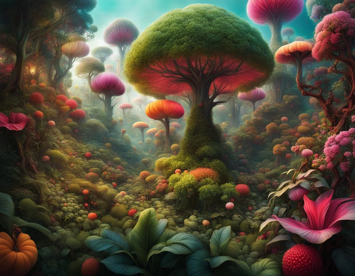 Lush Fantasy Nature Scene with Bizarre Flora