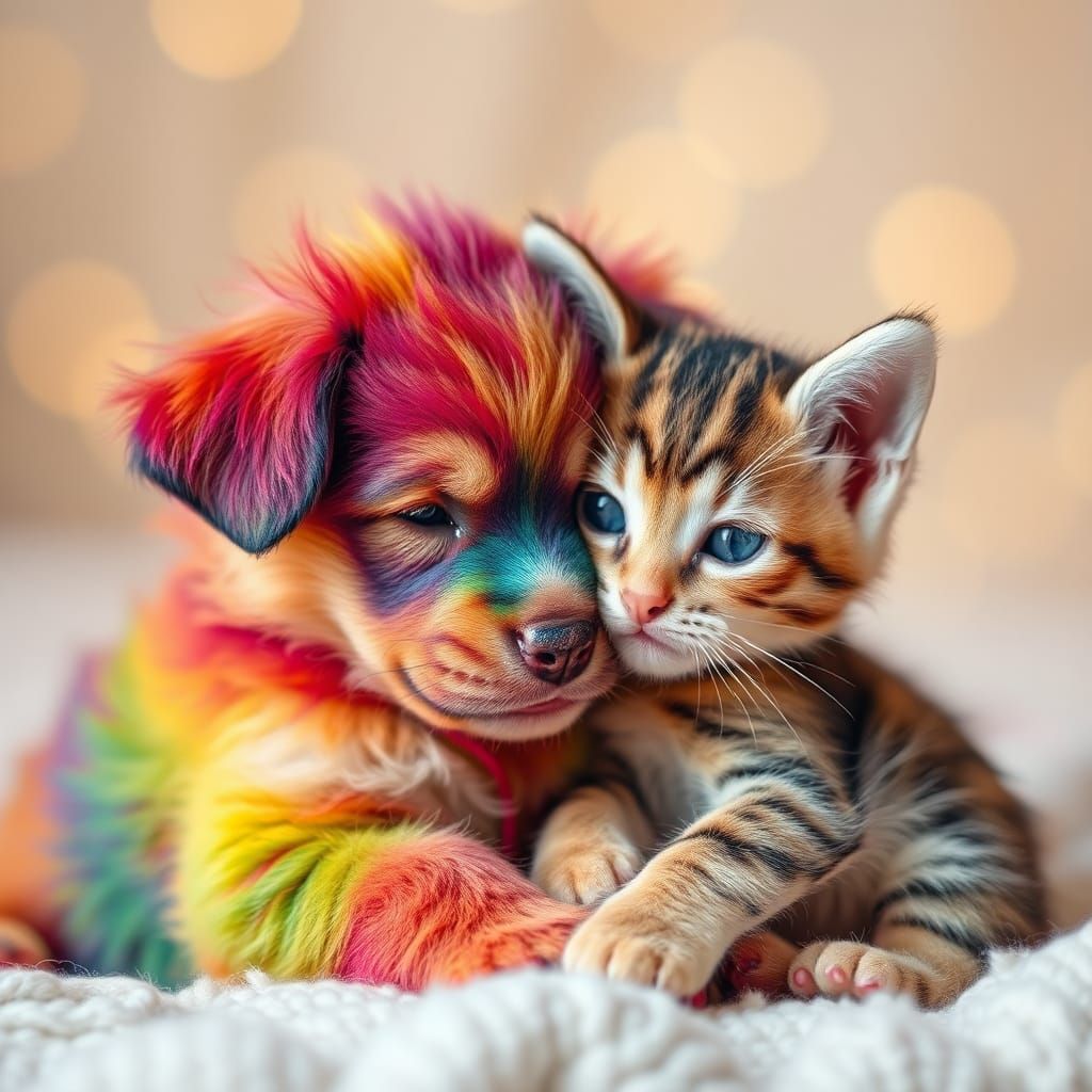 Rainbow Puppy and Kitten Snuggle in High Definition