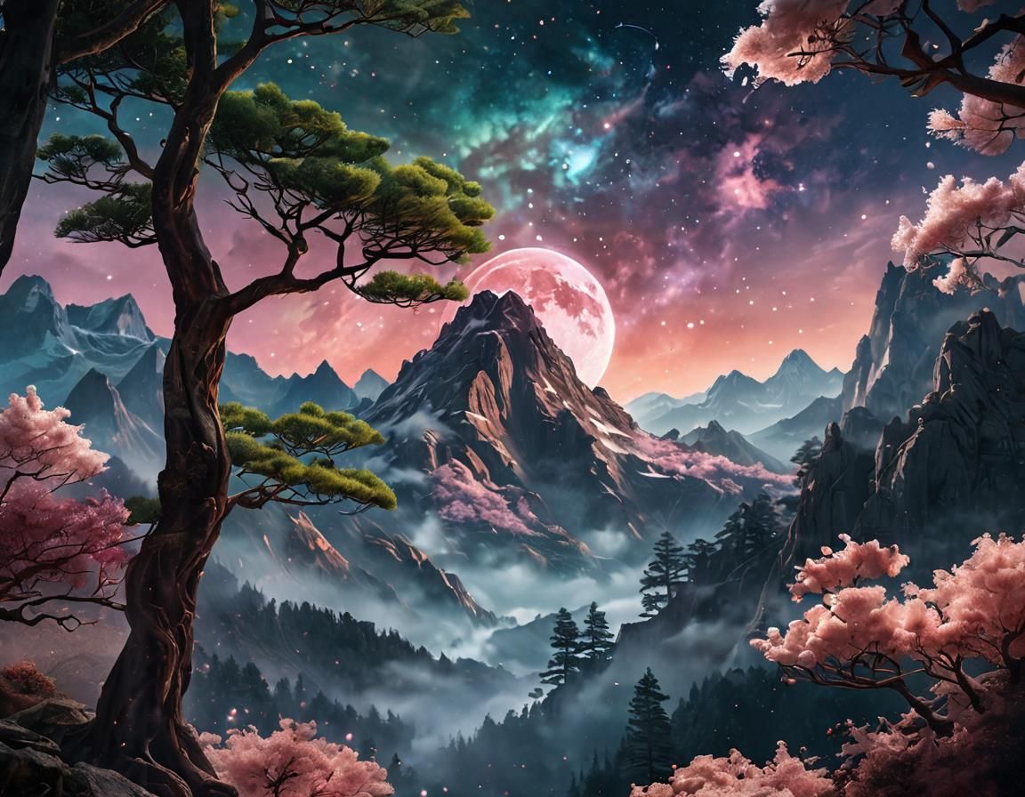 Mythical Realms: Nebula Sky and Moonlit Mountain