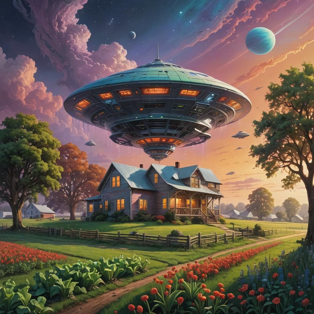 Alien Spaceship over Farmhouse in Colorful Landscape