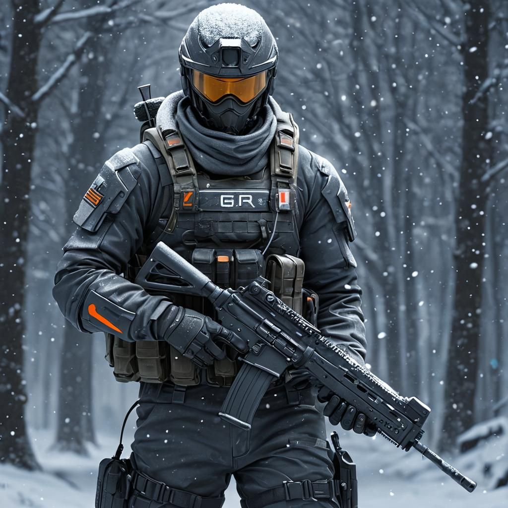 Scifi Soldier Anime Boy in a snow storm...