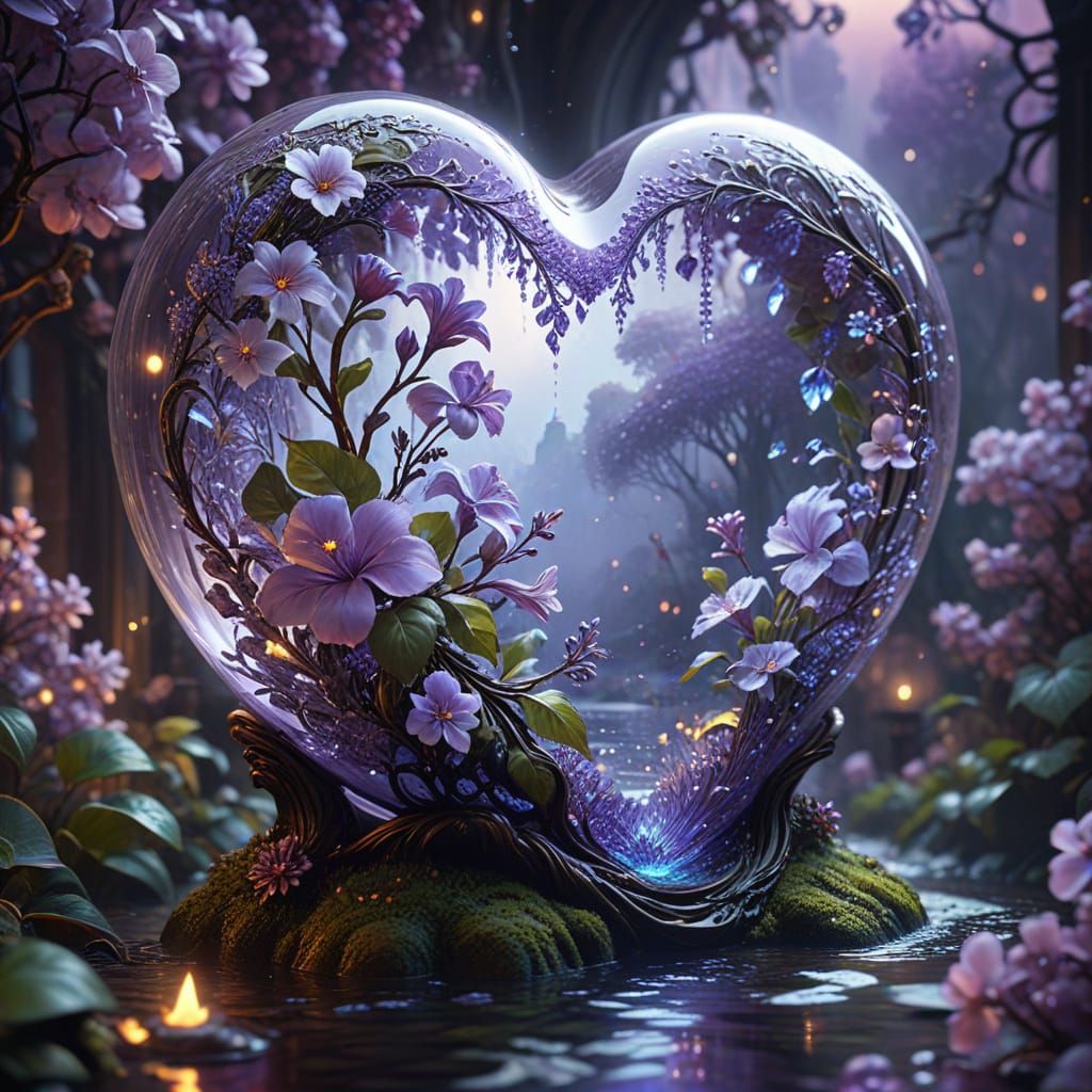 Sparkling Lilac Crystal Heart with Floral Engravings