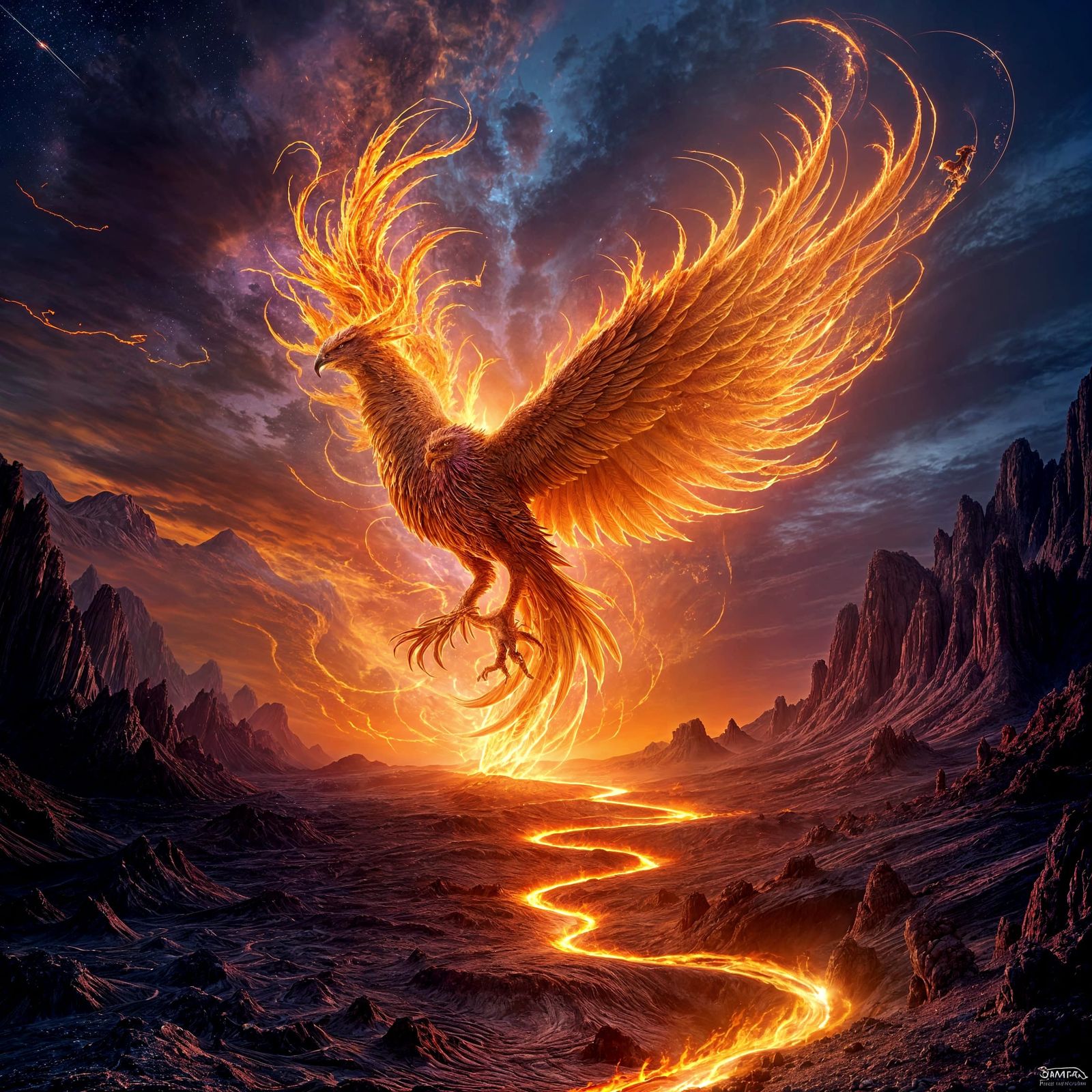 Phoenix Rises from Lavender Inferno in Twilight Hues