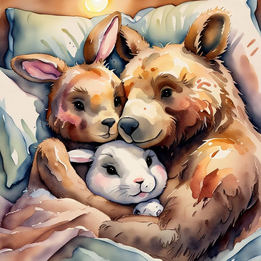 Intimate Watercolor Scene of Cuddling Bear and Bunny in a Co...