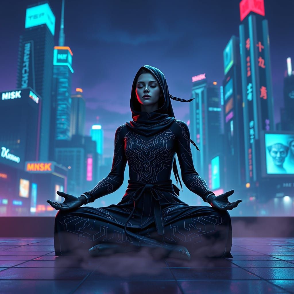 Glowing Ninja in Cyberpunk Cityscape Meditation