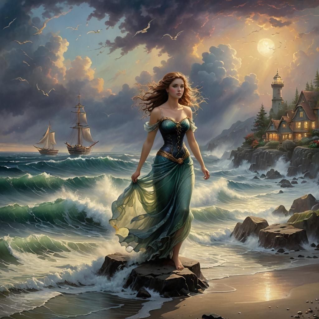 Ethereal Siren on Stormy Beach in Fantasy Style