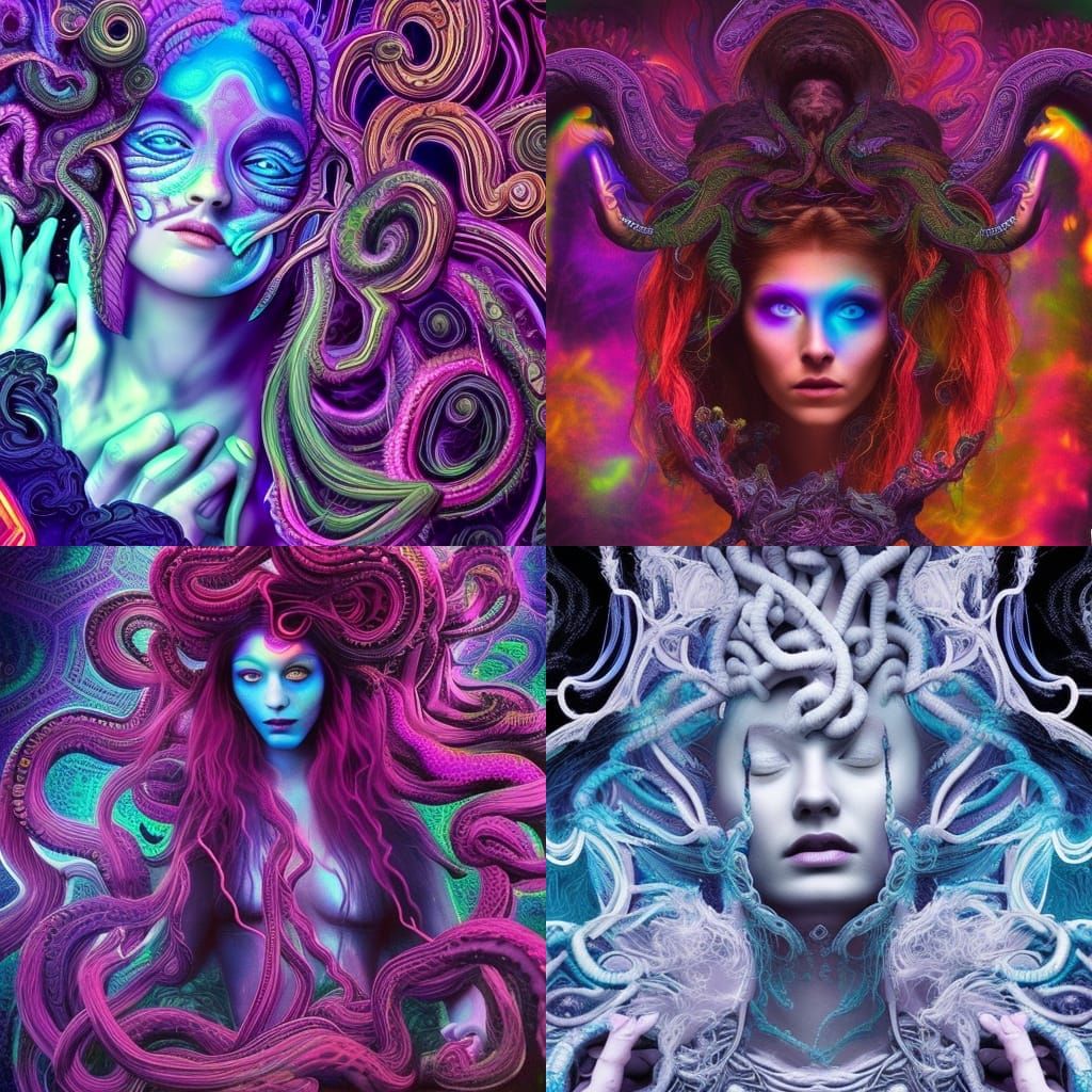 Medusa with a black light effect and psychedelic vibes