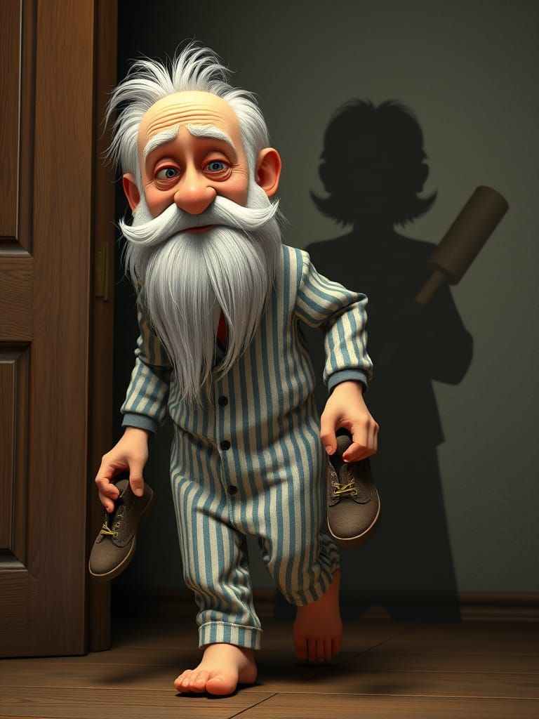 Whimsical Late-Night Sneak: Elderly Man Avoids Angry Wife