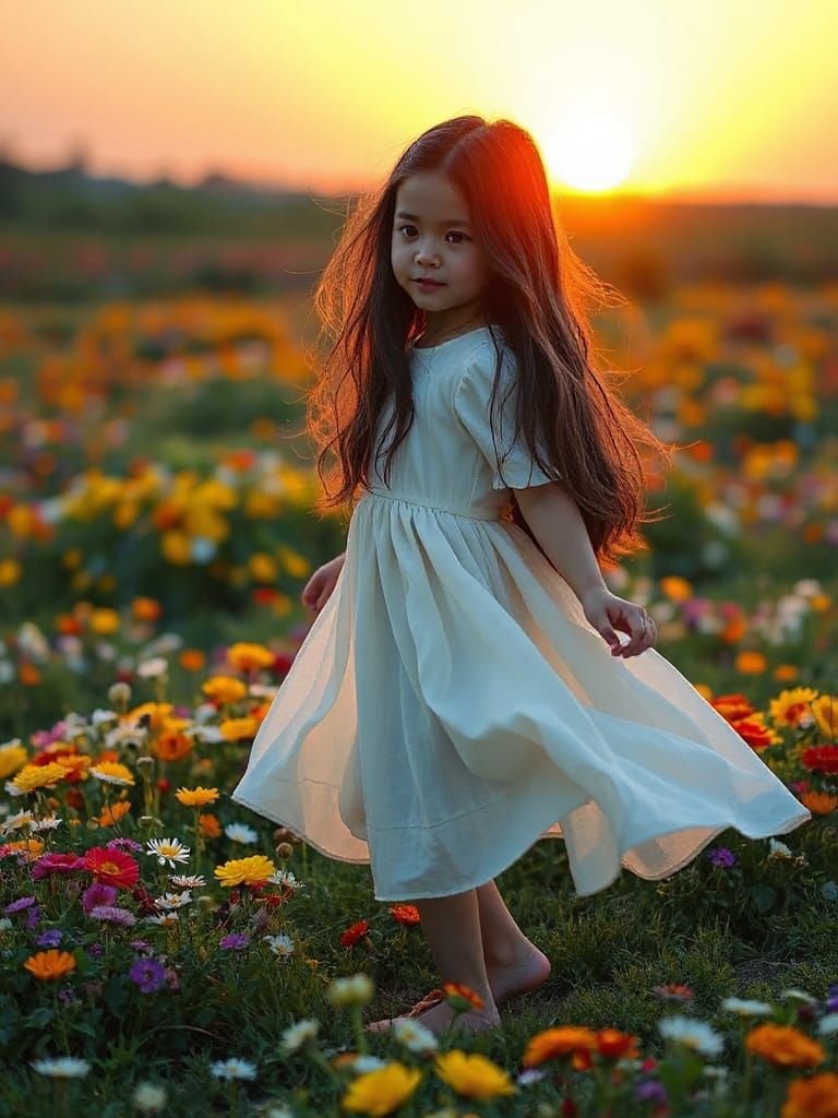 Girl with Purple Hair in Flower Field, Whimsical Art