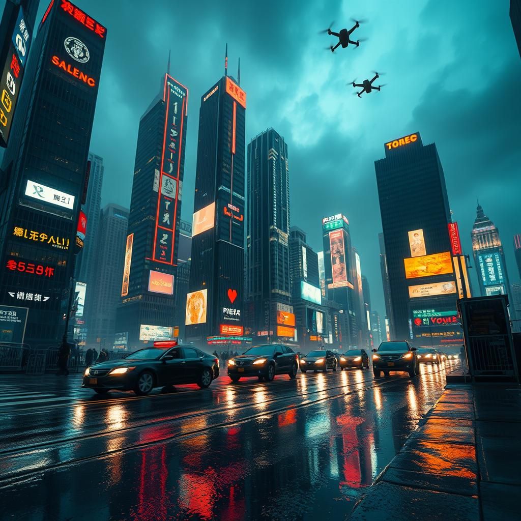 Neon Metropolis Under Stormy Sky in Cyberpunk Style