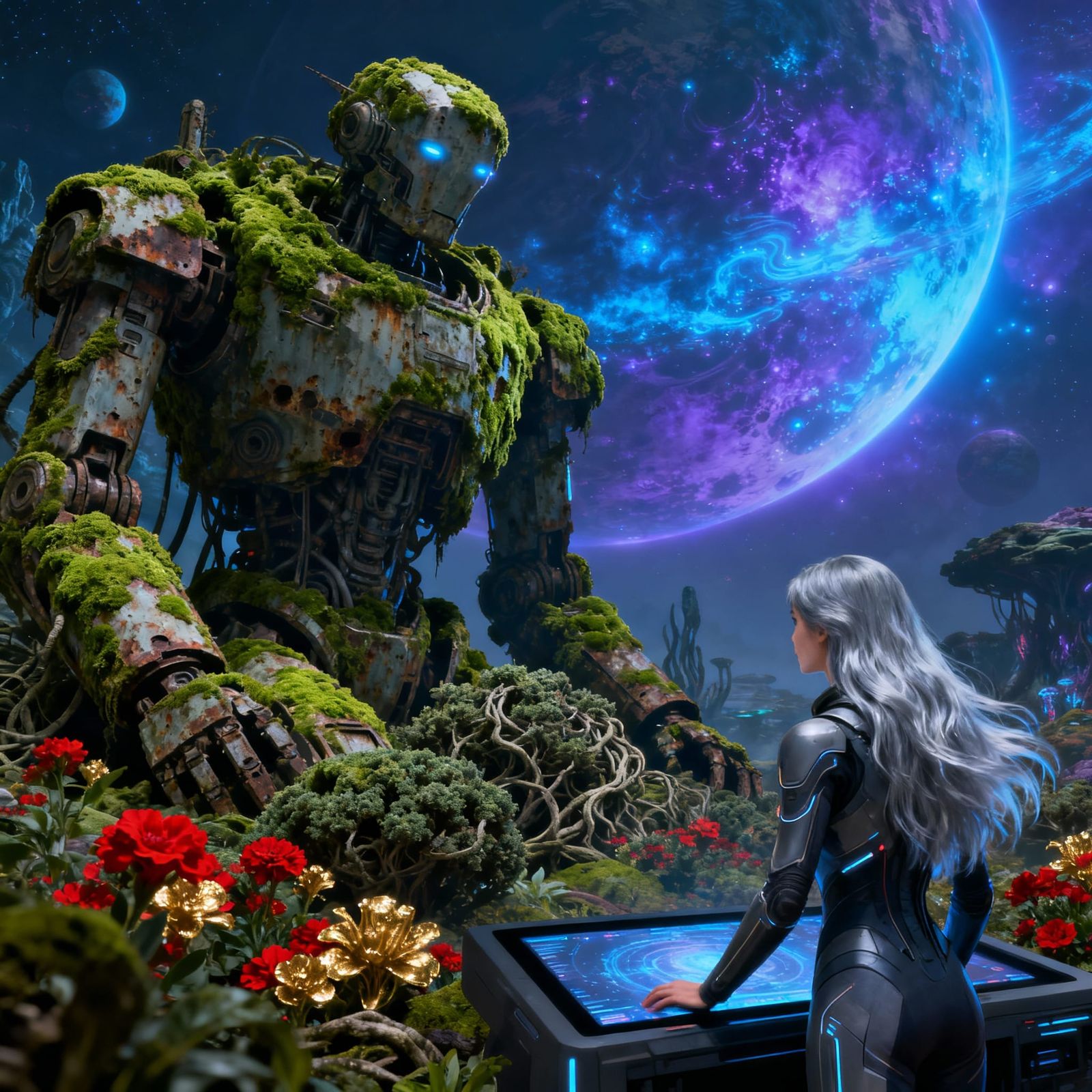 Bioluminescent Planet With Ancient Robot and Futuristic Woma...