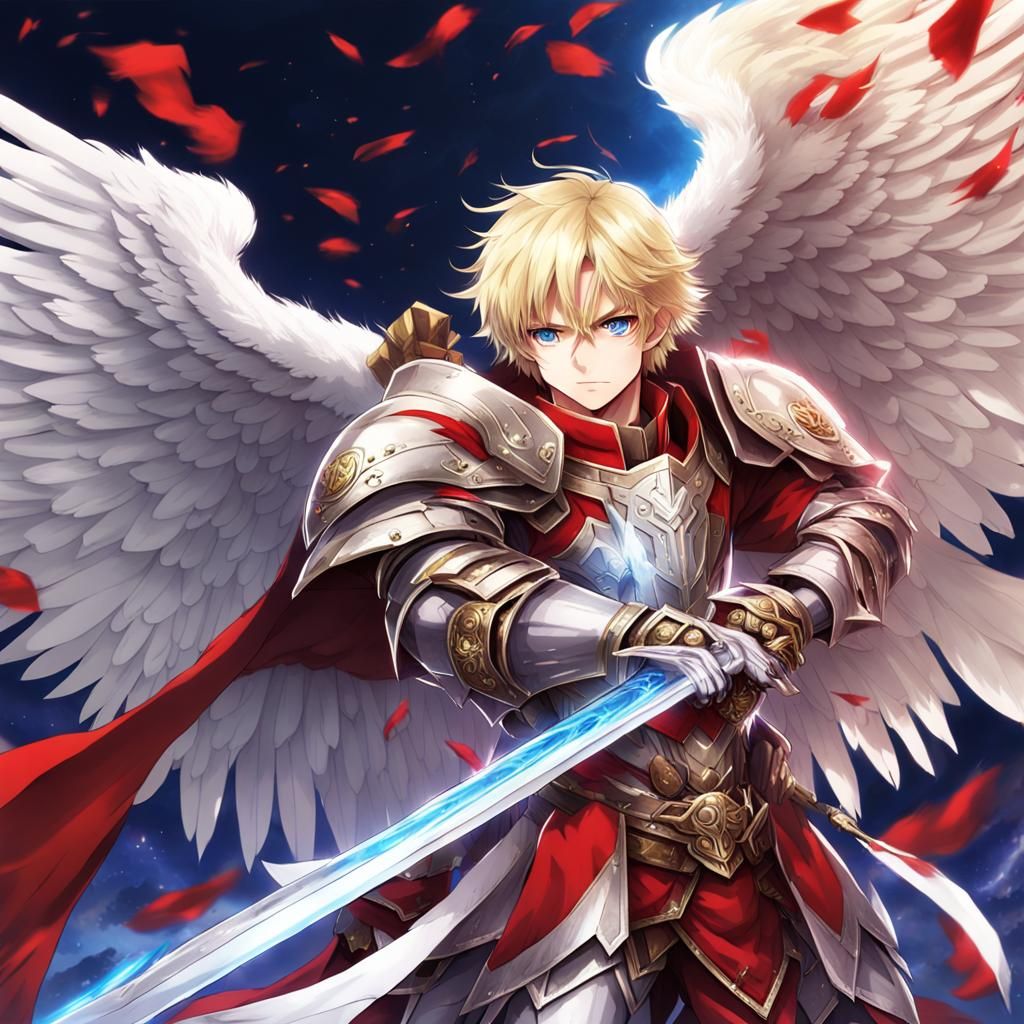 Anime Angel Warrior with Sword and White Wings