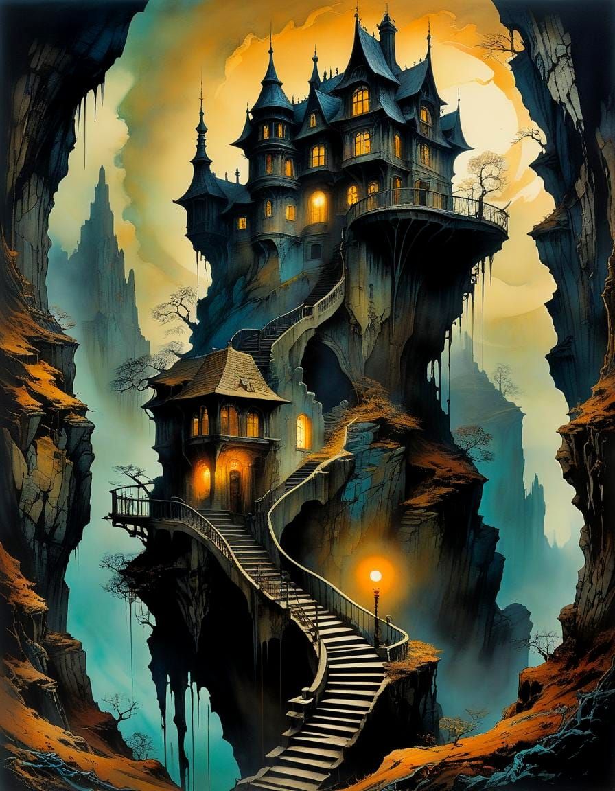Haunted House in Retro-Futuristic Alcohol Ink Style