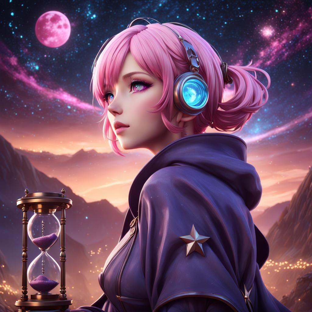 Pink-Haired Woman Watching Stars in 3D Anime Art