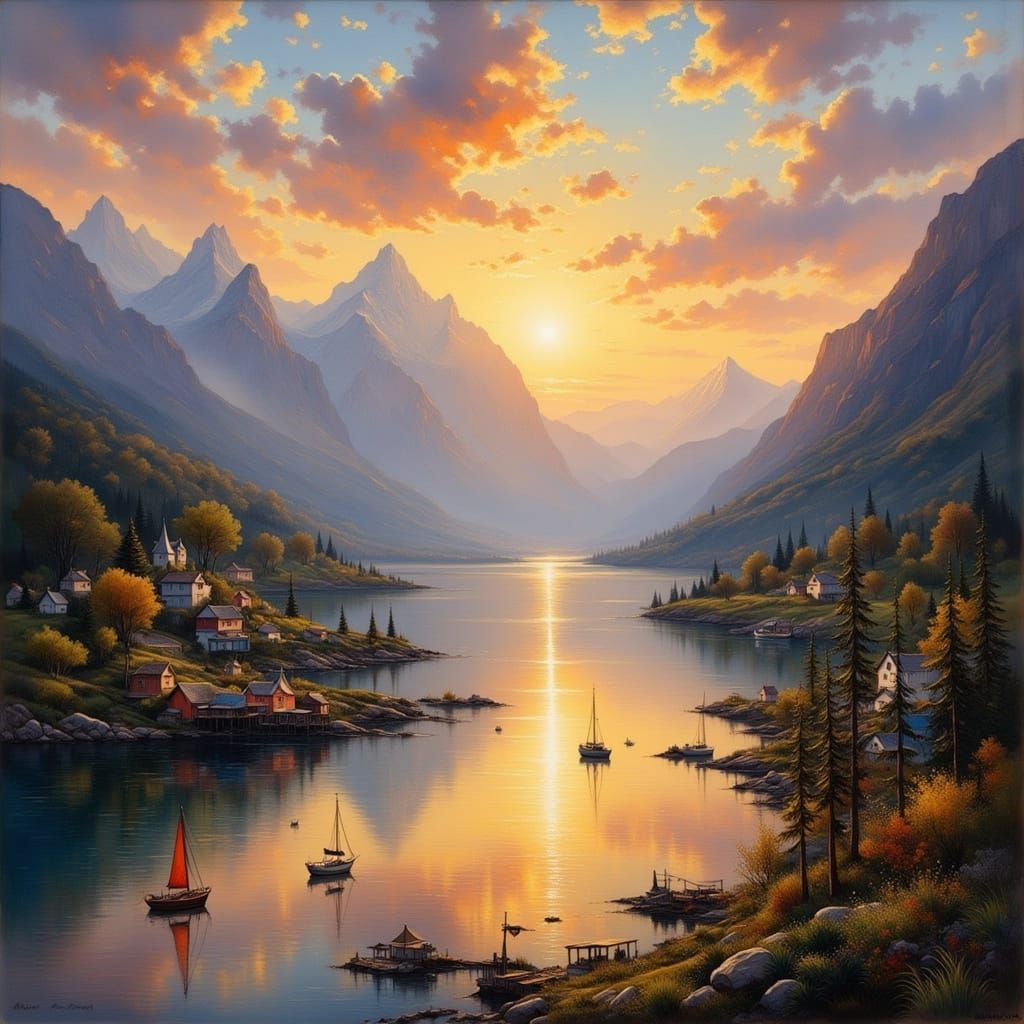 Majestic Sunset Bay in Impressionistic Style