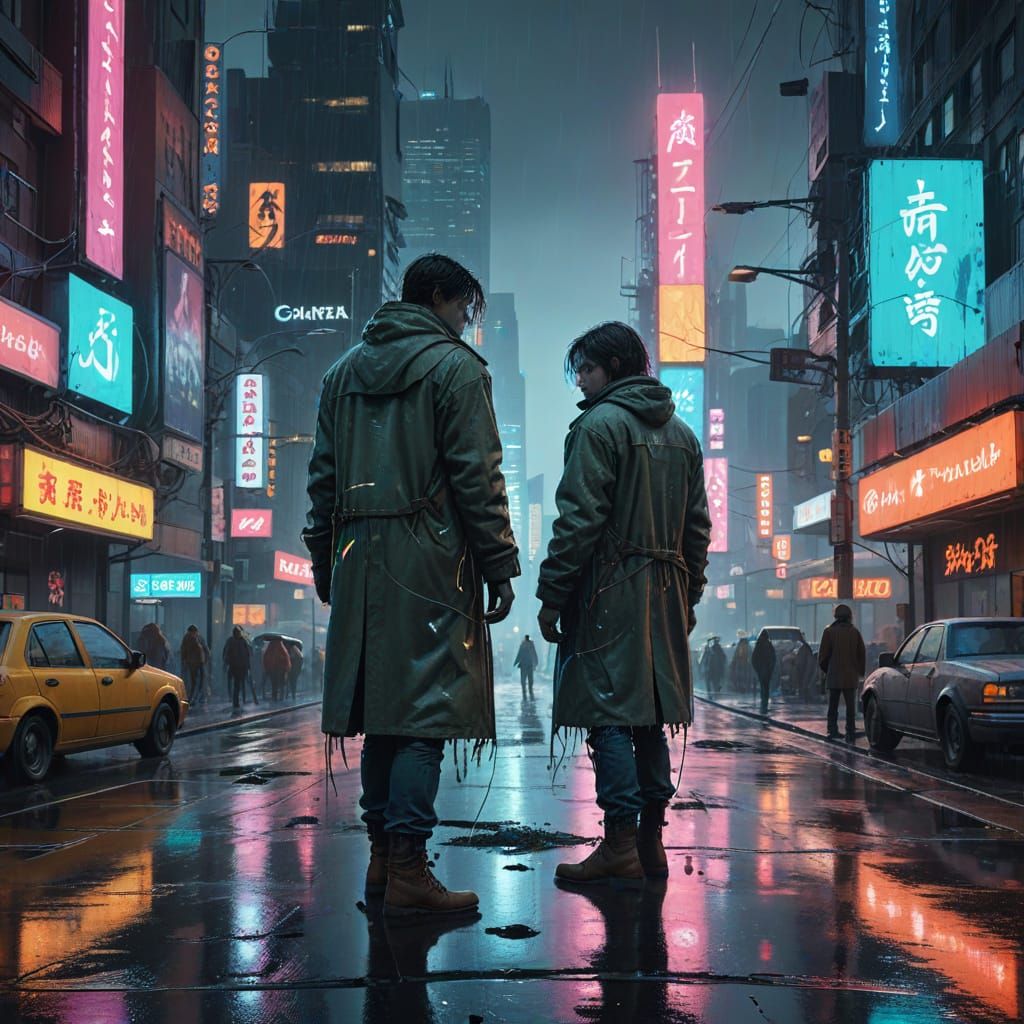 Cybernetic Outcast in a Rainy Cityscape