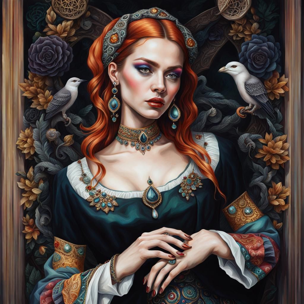 Detailed Portrait of Woman with Occult Jewelry