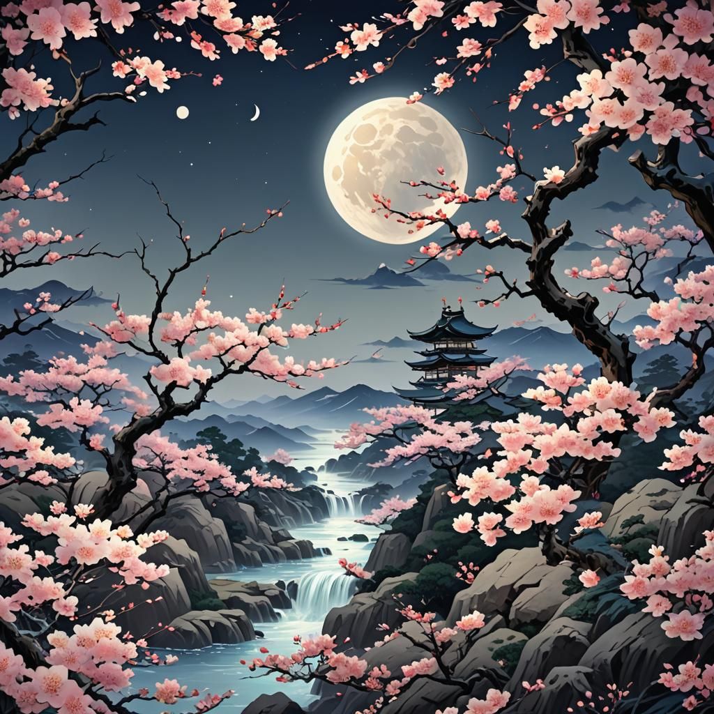 Flowers Under Full Moon in Ukiyo-e Style