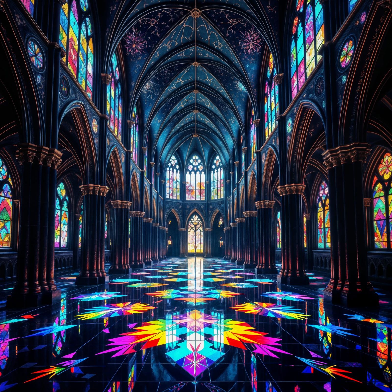 Surreal Stained Glass Gothic Cathedral in Rainbow Light