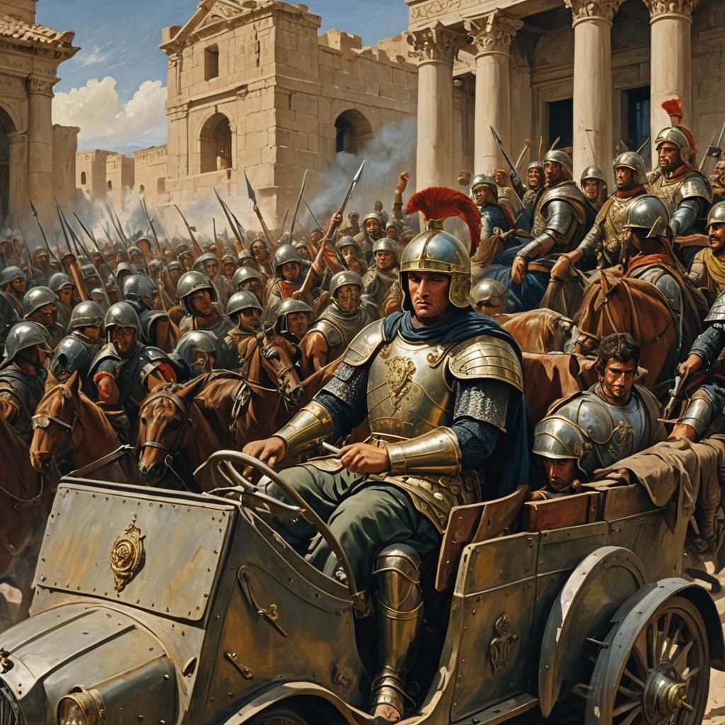 Alexander the Great in Armored Car, Oil Painting