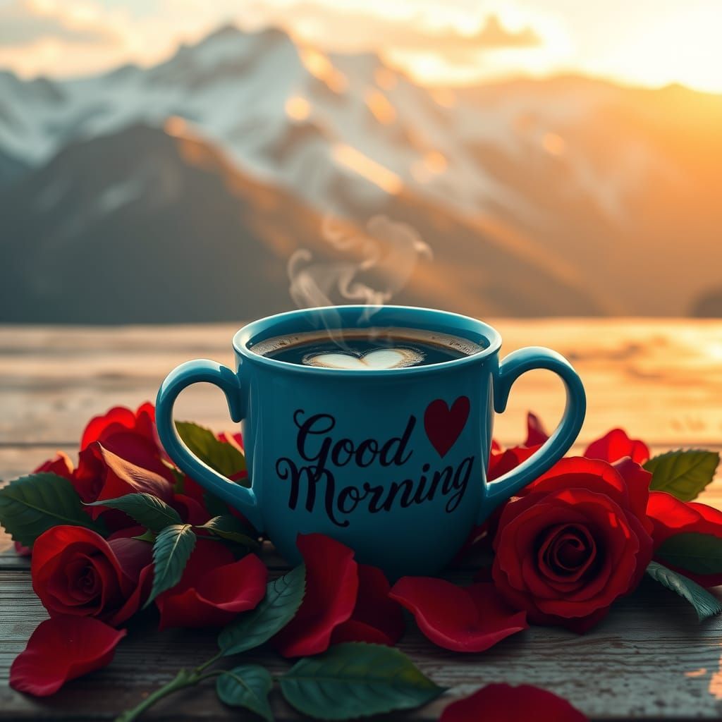 Cobalt Blue Coffee Cup Amidst Roses and Majestic Snow-Capped...
