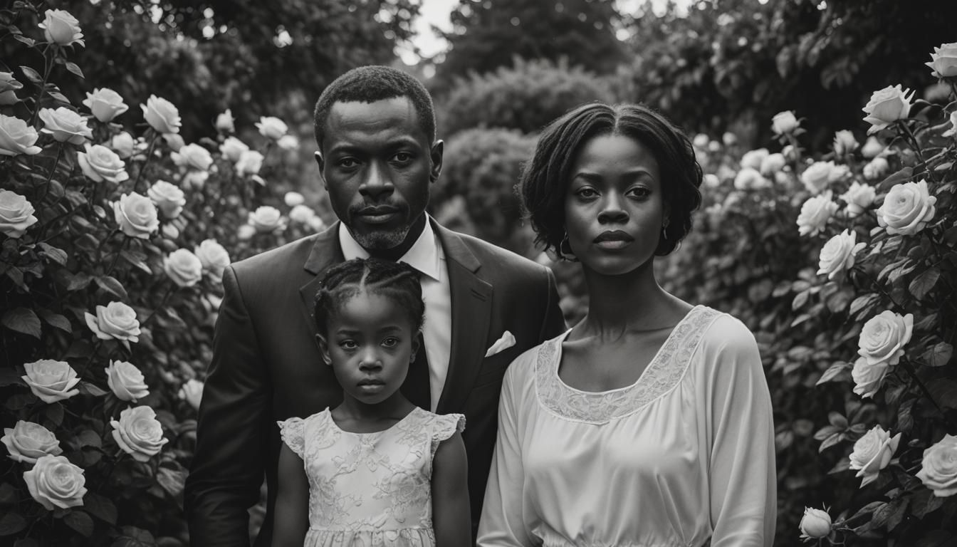 Elegant Black and White Family Portrait in Rose Garden