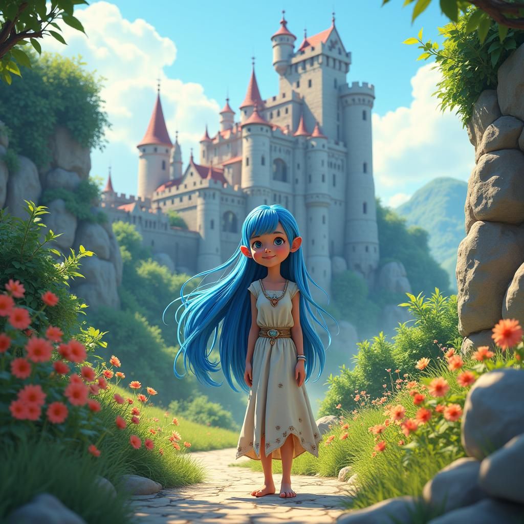 Girl with Blue Hair in Castle Garden, Digital Painting