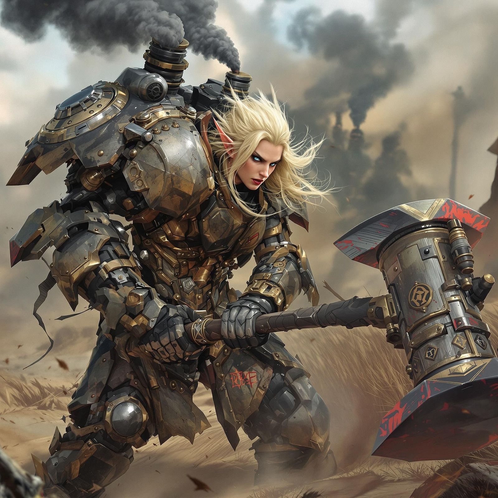 Dieselpunk Elf Knight Battles Orc in Wasteland