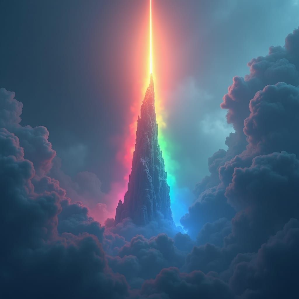 Rainbow Tower Against Indigo Clouds, Matte Painting