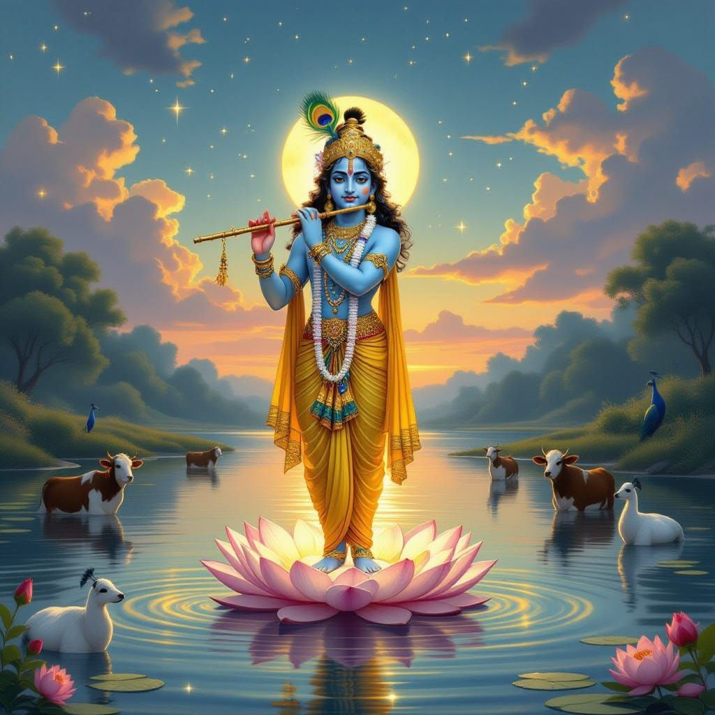 Krishna on Lotus Flower in Vrindavan Forest