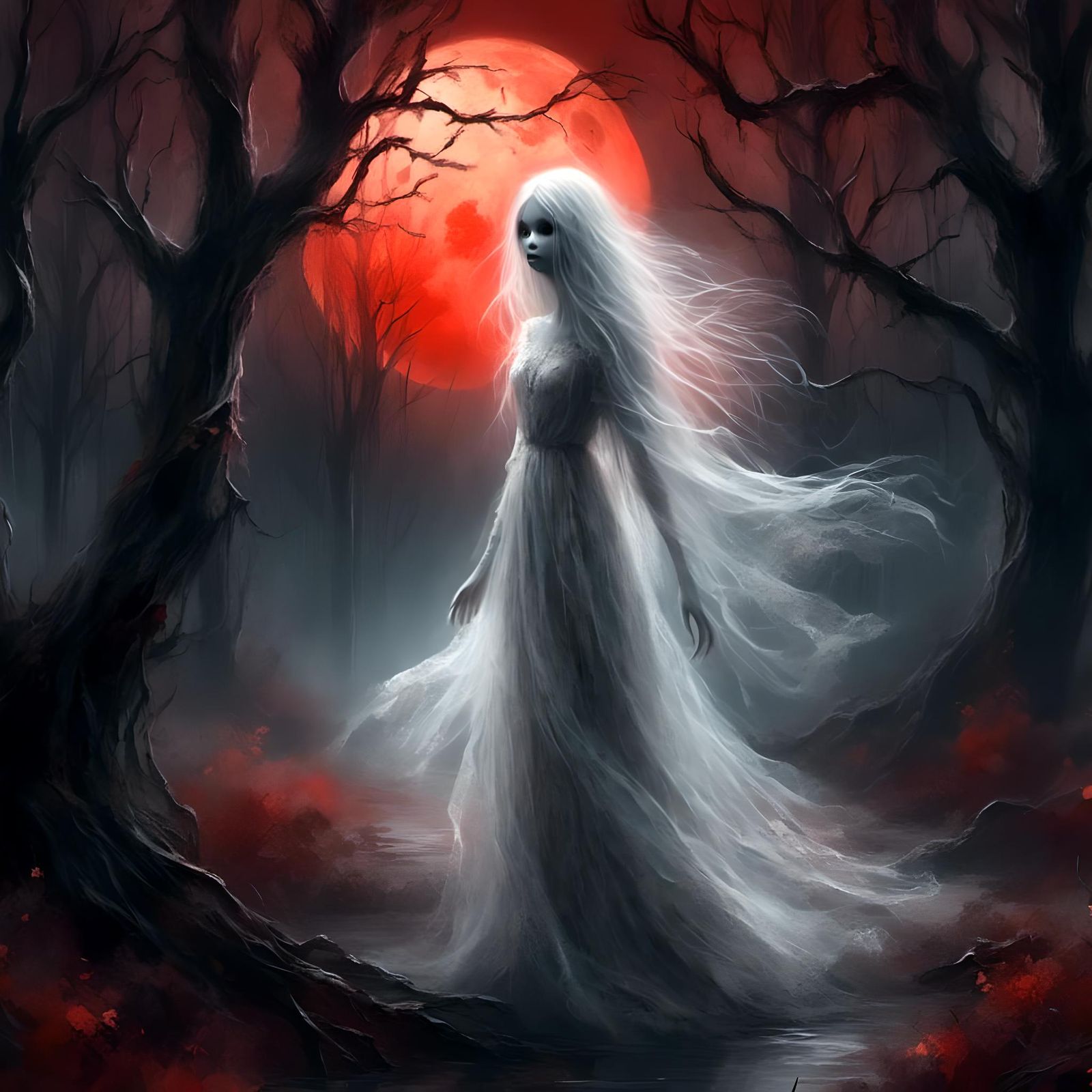 Ethereal Ghostly Spirit Under a Red Moon