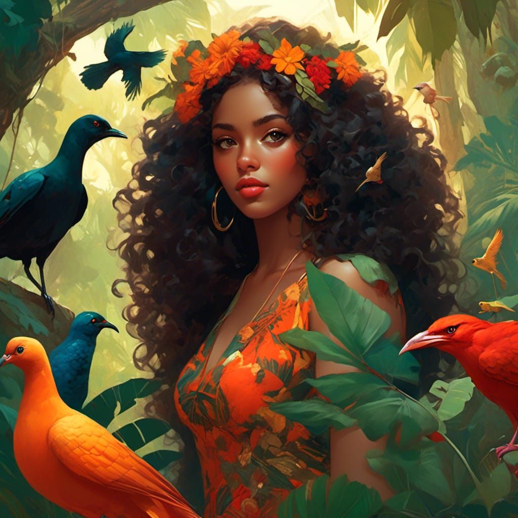 Girl in African Dress with Birds in Jungle
