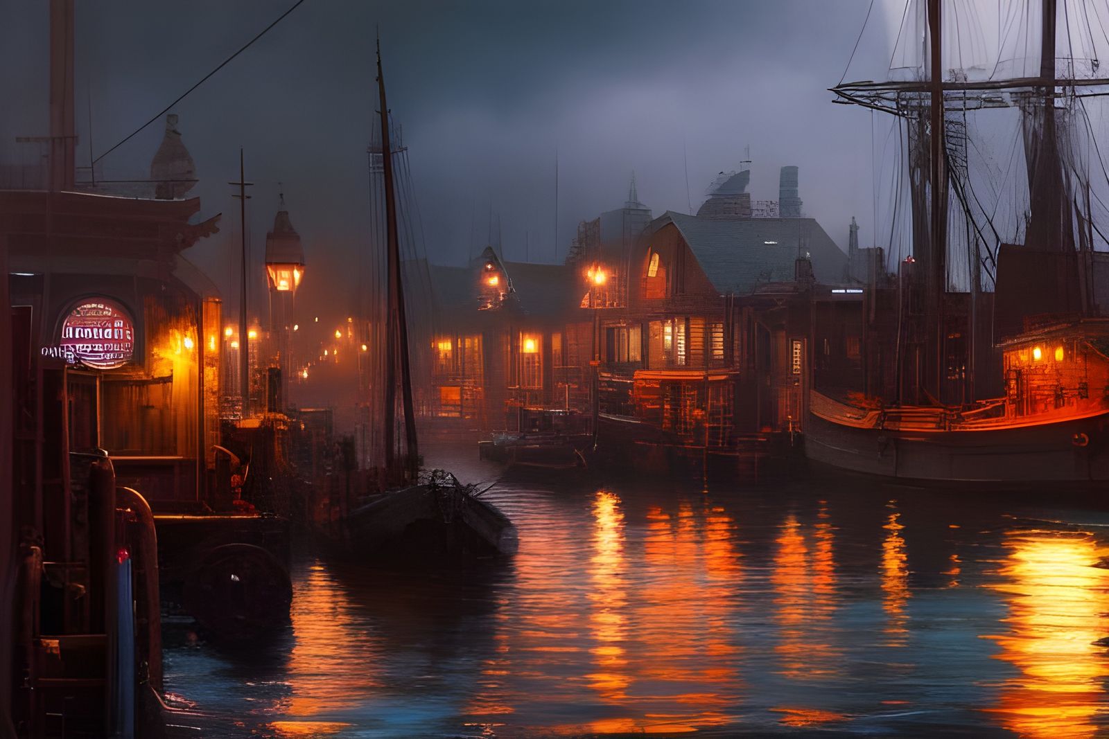 Steampunk Harbor Town Evening Oil Painting
