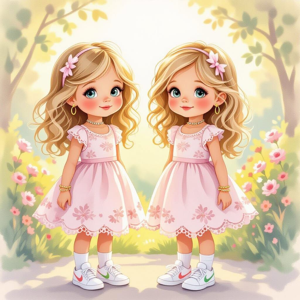 Twin Girls in Pink Lace Dresses with Blonde Hair